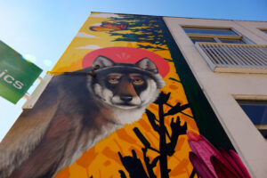 a mural depicting a wolf